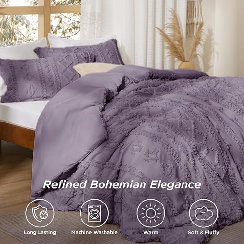 Bedsure Tufted Boho Comforter Set Twin Size - Grayish Purple Boho Bed Set, GentleSoft™ 2 Pieces Farmhouse Shabby Chic Embroidery Bedding, Gifts for Woman, Soft Jacquard Twin Comforter for All Seasons