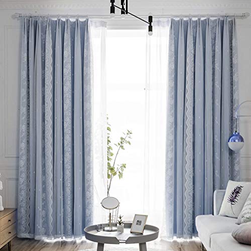 Cortina opaca azul de doble capa con superposición de tul para sala de estar, elegante decoración de cortina para 270 x 150 cm