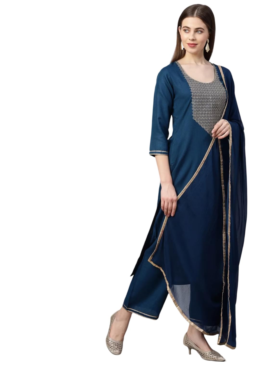 R V ENTERPRISE Chic Embroidered Kurti Set in Rayon: Kurta, Pant, and Dupatta with Gold Embroidery and Prints – Ideal for Festive and Casual Wear