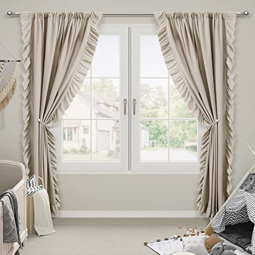 Tan Beige Ruffle Curtains 84 Inches Long 2 Panels Set For Dinning Room, Rod Pocket Light Filtering Window Curtains Shabby Chic Farmhouse Bedroom Decor French Country Drapes Pretty Luxury Fancy Look #TOP1