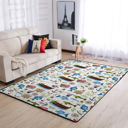 Gone Fishing Nursery Area Rug for Baby Girl Boy Fishing Lover Gift Kids Floor Mats for Living Room Bedroom Kids Room Kitchen Camping Adventure Vacation Outdoors Throw Carpet 36x60inch