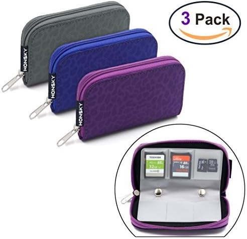 Memory Card Holder, HONSKY ® 3 Set 22 Slot Leopard Print SD CF SDHC SDXC MMC Micro SD SecureDigital Memory CompactFlash Card Carrying Cases Sleeves Media Storage Organization - Purple, Blue, Grey