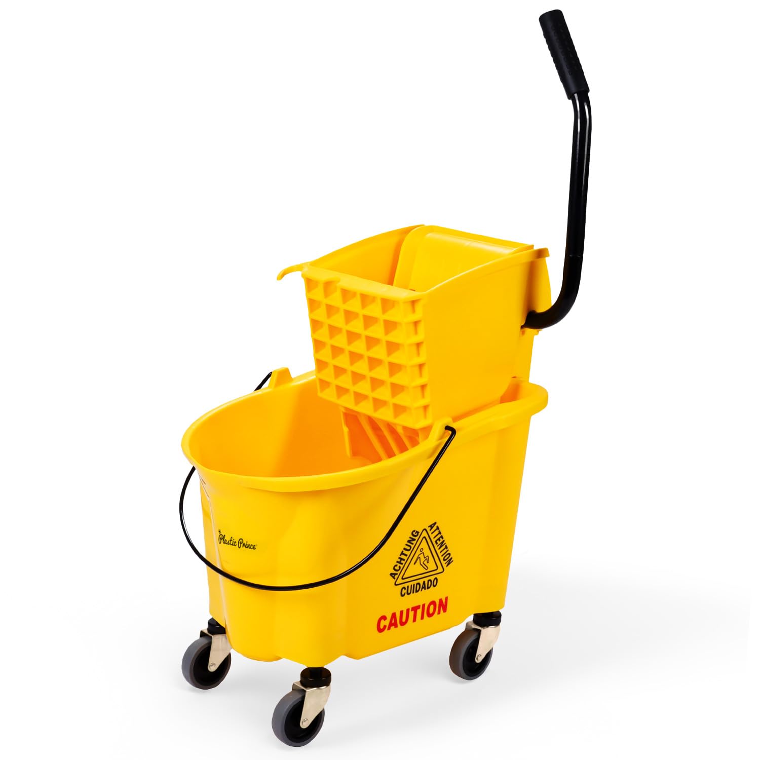Cubo de fregona de presión lateral amarillo de 26 cuartos y escurridor con ruedas para uso comercial, perfecto para el hogar profesional industrial y empresarial