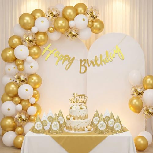 Image of Party Propz Golden and White Happy Birthday Decoration Kit - 57 Pcs, Golden Balloons for Birthday with Birthday Cap and Banner, Bday Decor for Boys & Girls, Bday Decor for Husband (Cardstock)