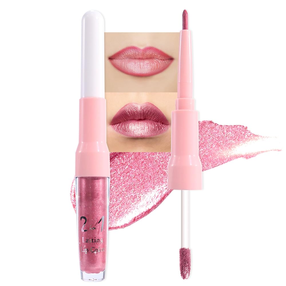 evpct Warm Pink Metallic Glitter Lip Liner and Lipstick Combo Lip Gloss Stain Set Makeup for Women Long Lasting Waterproof 24, Baby Pink Metallic Shimmer Frosted Iridescent Glossy Liquid Lipstick 12 - Image 2