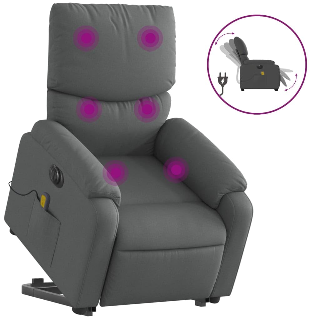 Sillón elevador eléctrico con masaje reclinable gris oscuro de tela con 6 puntos de vibración y función de elevación para ancianos, cómoda y estable