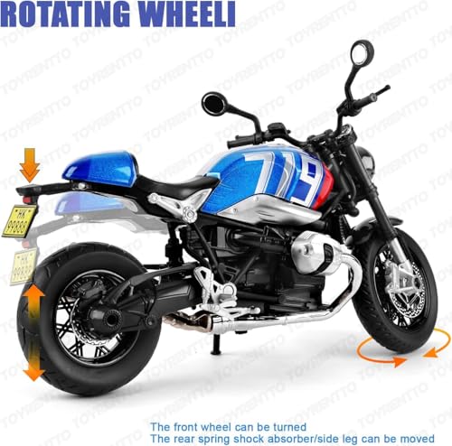 Image of 1:12 Scale BMW R NineT Die-Cast Bike Model with Light & Sound - Pull Back Toy Motorcycle for Kids & Collectors Blue