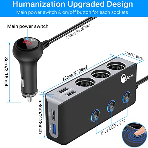 Quick Charge 3.0 Cigarette Lighter Splitter, Qidoe 3 Socket 180W Cigarette Lighter Adapter With 4 Usb Fast Charging, Dc 12V/24V Cigarette Outlet Led Voltmeter Independent Button For All Car Devices #TOP5