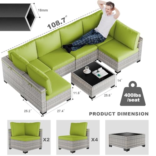 Image of 7-Piece Patio Furniture Set, Outdoor Sectional with Thick Cushions, Modular Patio Sofa, Dual-Strand Wicker Rattan, Rust-Resistant Frame, Backyard Furniture for Garden, Deck, Grass Green