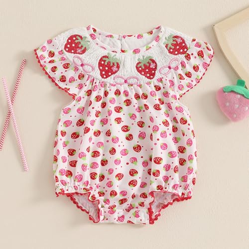 Baby Girl Strawberry Outfit Strawberry Print Smocked Romper Short Sleeve Jumpsuit Birthday Onesie Summer Clothes2