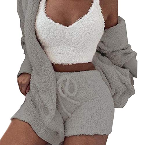 Womens Sexy Fuzzy Warm Sherpa Fleece 3 Piece Outfit Fleece Coat Jacket Pajamas Loungewear Outwear...