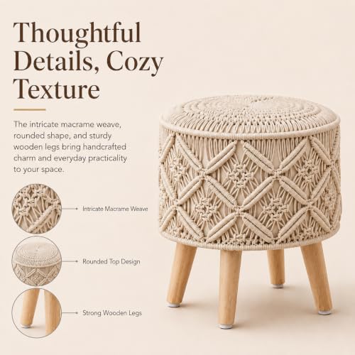 Image of Macrame Ottoman for Living Room | Handcrafted Woven Foot Rest Stool with Solid Wooden Legs | Pouffe for Sitting, Foot Stool for Bedroom & Home Decor | 16x16x18 Inch (Beige)