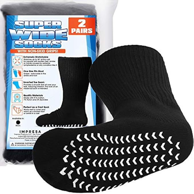2 Pairs of Super Wide Socks With Non-Skid Grips for Lymphedema - Bariatric Sock - Oversized anti-slip Sock Stretches up to 30'' Over Calf for Swollen Feet and Mens and Womens Legs - One Size Unisex