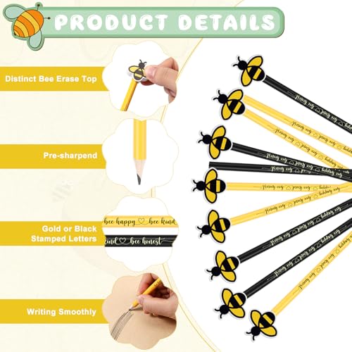 PerKoop Set de 48 lápices con borradores en forma de abeja miniatura 3