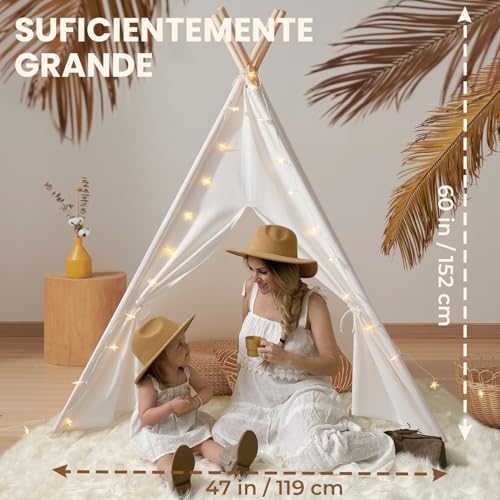 Tiny Land Tipi Enfant Intérieur avec Tapis & Guirlande Lumineuse – vue 5