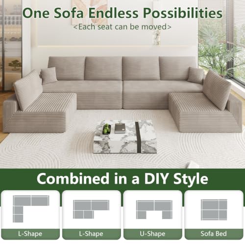 Image of Oversized Modular Sectional Sofa Couch, Large 6 Seater Corner Sofa Modern U Shaped Sectional Couch Cloud Couches for Living Room, Office, Spacious Space, Corduroy, No Assembly Required, Camel