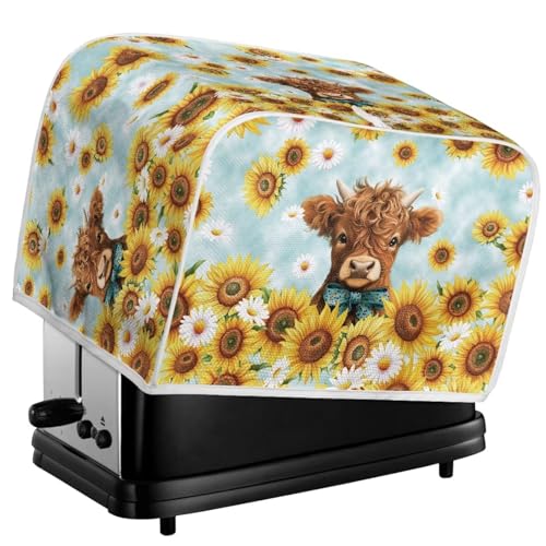 Image of Talayituse Highland Cattle Sunflower Daisy Print Toaster Cover 2 Slice Wide Slot, Lightweight Bread Maker Cover Dust Protection Washable Appliance Bag, S