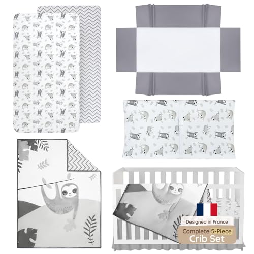 Image of Neutral Baby Crib Bedding Set Boy 28 inchx52 inch, 8 inch Deep Pocket - 5 pcs Baby Bedding Set with Comforter, 2 Crib Sets for Boys Cotton Fitted Sheets, Skirt, Changing Pad Cover - White & Gray