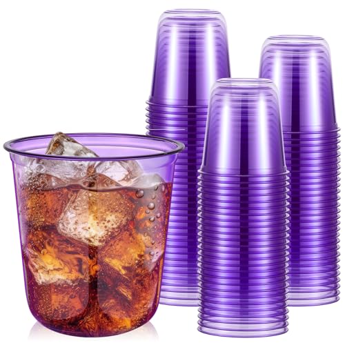 Ziliny 50 Pcs Disposable Stemless Glasses 12oz Crystal Plastic Wine Glasses Clear Classic Pet Cup for Meeting Weddings Birthdays Cocktail Christmas Party Supplies (Purple)