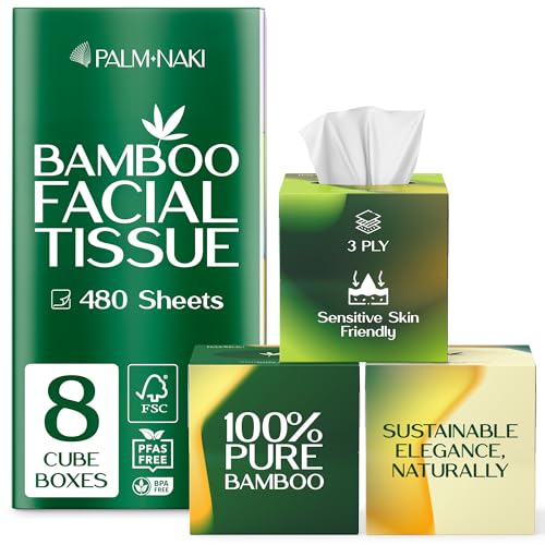 Bamboo Facial Tissue | 3-Ply Strong | Lint-Free, Fragrance-Free | Gentle for Sensitive Skin | BPA & PFAS-Free, FSC Certified | 8 Cube Boxes (480 Sheets) | PALM NAKI