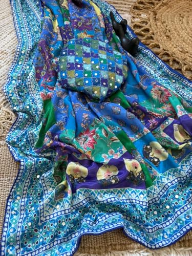 Image of Soft Pure Marshmellow Shiny Chinnon Silk Fabric Along With Designer Ajarakh Print Along With Real Mirror Work Along With Fancy Printed Blouse With Piping And Heavy Latkans