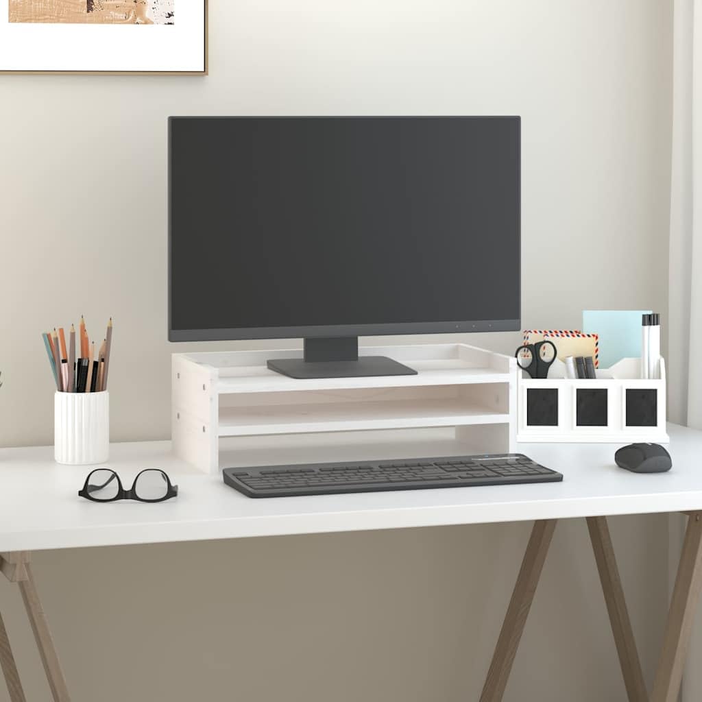 Supporto per monitor bianco in legno di pino massiccio, 50 x 24 x 16 cm, supporto da scrivania con ripiano per monitor, supporto per laptop, ripiano per tastiera, ufficio e home office
