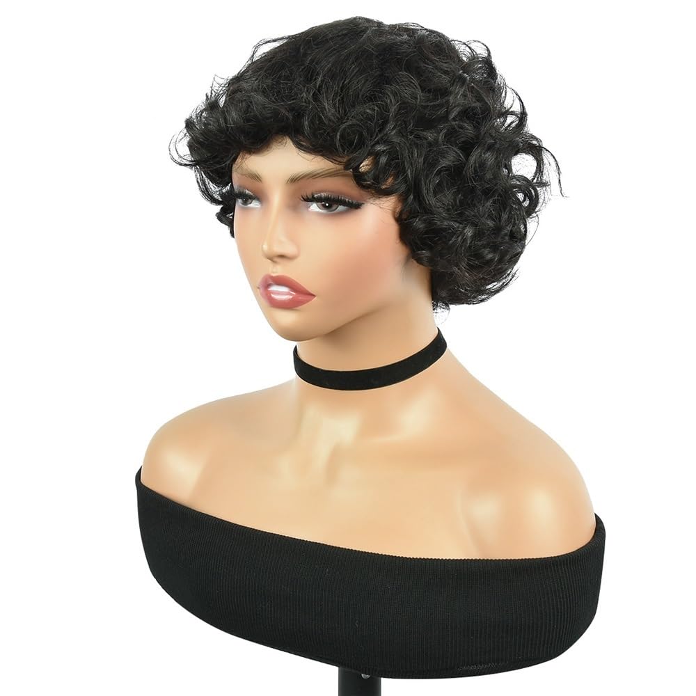 xiuling4568 Short Curly Human Hair Wig with Bangs, 6 Inch Glueless Wigs for Women 100 gram Hairs Extensions(Natural Black)