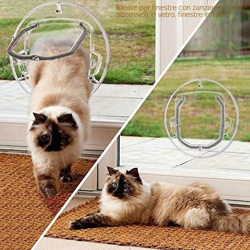 Gattaiola per vetro Porta Basculante per Gatti e Cani Grande Porta Gattaiola per vetro con 4 possibilità di bloccaggio (Rotonda Trasparente)
