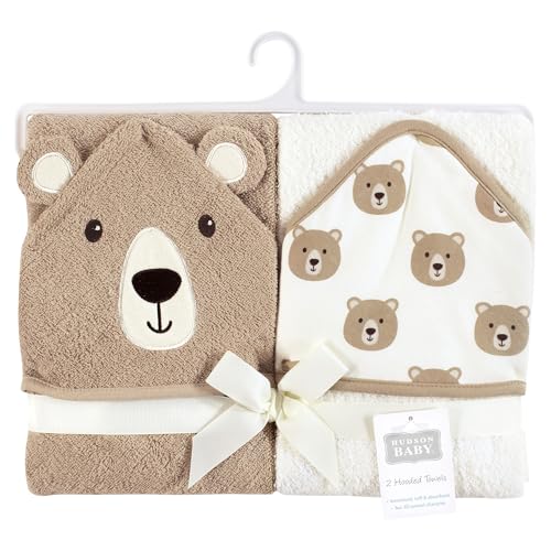 Image of Hudson Baby Unisex Baby Cotton Poly Animal Face Hooded Towel, Tan Bear, One Size