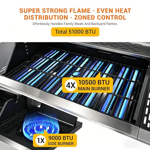 Image of EUHOME Upgraded 51,000 BTU 4-Burner Propane Gas Grill with Side Burner - Large 452 sq.in Porcelain-Enameled Cast Iron Grates, Stainless Steel Body, 4 Swivel Casters for Backyard Patio & Tailgating