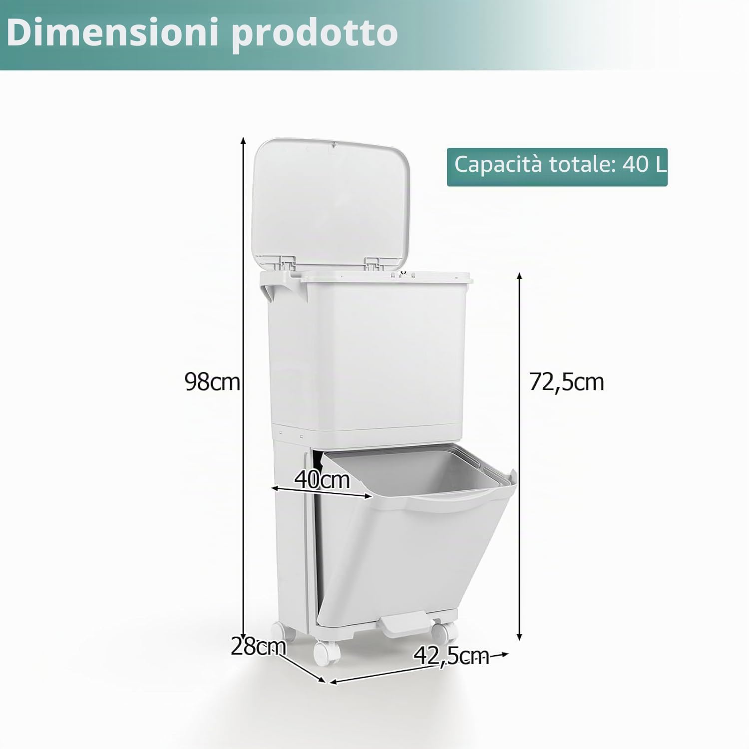 LIFEZEAL Pattumiera Differenziata a 3 Scomparti, Stretto, Coperchio a Pressione, Pedale, 4 Ruote, 2 Maniglie, Cestino Spazzatura Rimovibile, Bidoni Interno, Secchio Rifiuti, Cucina (Bianco, 40 L)