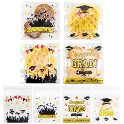 Jocomoni 100pcs Graduation Cookies Bags Clear Self Sealing Cellophane Bags Self-Adhesive Congrats Grad Cookie Bag Plastic Candy Bags for Bakery Cookies Gift Packing 2026 Graduation Party Favor