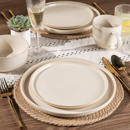 Image of GBHOME Dinnerware Sets for 4, 12 Pieces Stoneware Plates and Bowls Sets, Scratch Resistant Dishes, Dishwasher & Microwave Safe, Reactive Glaze-Vanilla color