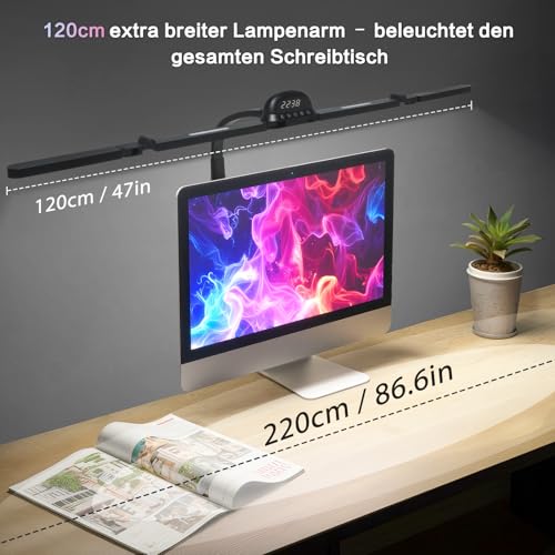 Bludrfnly Schreibtischlampe LED mit RGB, 120cm Monitor Lampe Klemmbar Dimmbar, Tageslichtlampe mit Bewegungssensor, Lichtsensor, Fernbedienungs, Uhr, für Büro, Lesen, Architekten, Schneider
