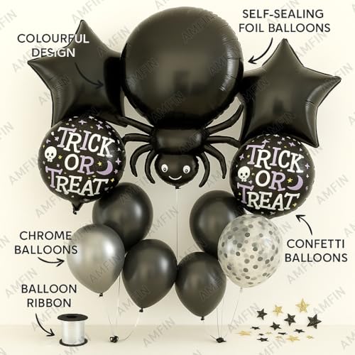 Image of AMFIN (Pack of 11) Halloween Spider Balloon Decoration Set - Black Spider Foil Balloon, inchTrick or Treat inch Round Balloons, 2 black star balloons - Spooky Halloween Party Supplies for Kids & Adults