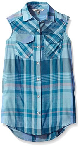 Calvin Klein Little Girls' Sleeveless Shirtdress, Aurora Plaid, 6