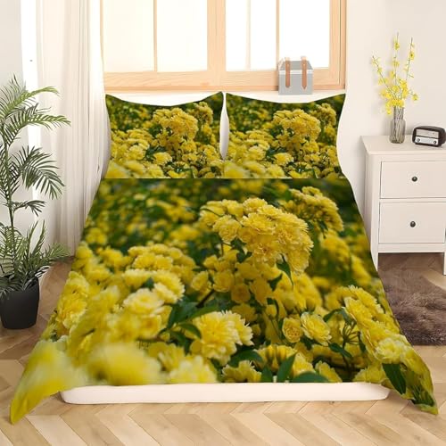 Hydrangeas Duvet Cover Double Yellow Flowers Bedding Quilt Cover 3 Pcs, 3D Nature Print Reversible Bedding Set Ultra Soft Brushed Microfiber Bed Set Bedroom Decor, 2 Pillowcases 2367e