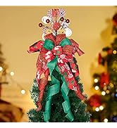 Christmas Tree Topper Bow, Christmas Ornament Large Bow with Glitter Velvet Ribbon, Glittery Bran...