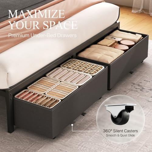 Queen Bed Frame with Storage Drawers and Charging Station, Grey - Image 3