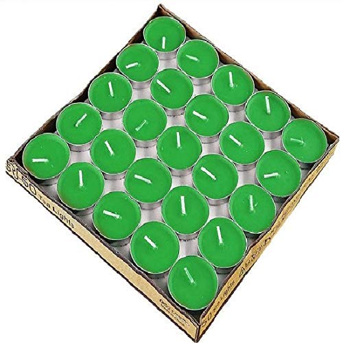 Kuber Selection Pack of 50 Pcs Green Unscented Tea Light Candles, Smokeless Paraffin Tea Candles for Home, Pool, Shabbat, Weddings & Emergencies (Pack of 50 Pcs, Green)