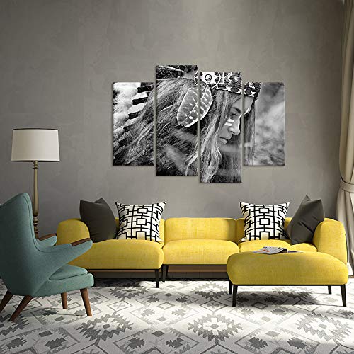 Ihappywall 4 Panel Black And White Native American Indians Chef Girl Feathered Canvas Wall Art Beautiful Woman Picture Print On Canvas Stretched And Framed For Bedroom Living Room Decor Ready To Hang #TOP4