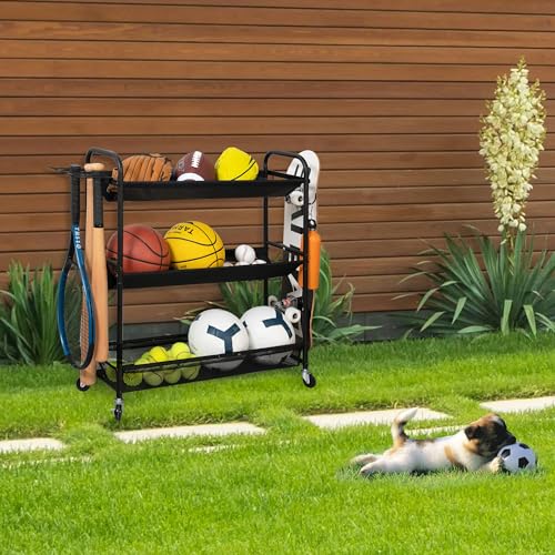 STORAGE-MANIAC-Basketball-Rack-3-Shelf-Training-Stand-with-Wheels-Sports-Ball-Cart-with-Hooks-Rolling-Ball-Basket-Storage-for-Garage-or-Gym-Indoor-Outdoor-Sports-Equipment-Organizer