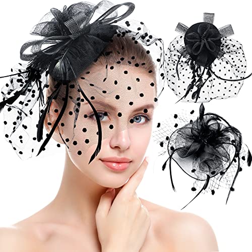 Xinnun 2 Tocados Negros de Mujer Velo Negro de Fiesta de Té de Malla Pluma Sintética Cover