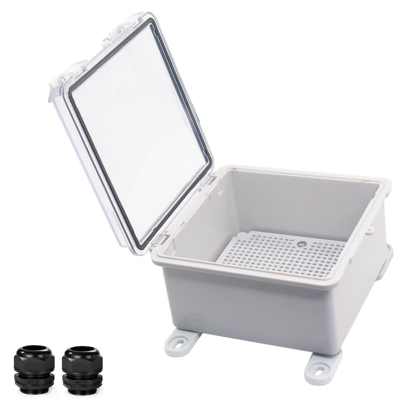 YETLEBOX Waterproof Outdoor Electrical Box Junction Box Weatherproof IP67 ABS Plastic Enclosure Switch Router Project Box with Mounting Plate with Wall Bracket 2 Cable Glands Clear 5.9"x5.9"x3.5" โ image 1