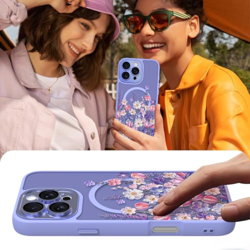 Image of Magnetic for iPhone 16 Pro Max Case with for Women, Purple Floral | Cute Oil Painting Flower Pattern Design [Compatible with MagSafe] [Full Camera Protection] Translucent Slim Shockproof Cover