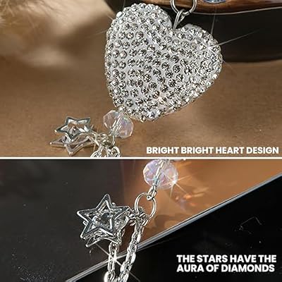 Bling Car Mirror Accessories for Women, Rhinestone Diamond Love Heart & Pink Plush Ball Decor Ornament Pendant, Car Rear View Mirror Hanging Charm Pendant, Lucky Hanging Accessories(White)