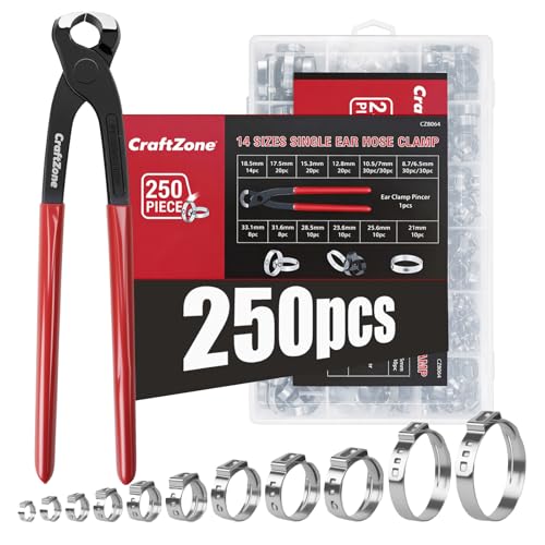 250PCS Single Ear Hose Clamp Kit with Storage Box & Ear Clamp Pliers Stepless Adjustable Cinch Clamps with Pincer Tool for Automotive Garden Home Plumbing and Hydronic Heating