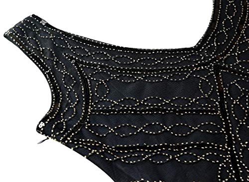 1920s Gatsby Sequin Fringed Paisley Flapper Dress with 20s Accessories Set (M, Black)