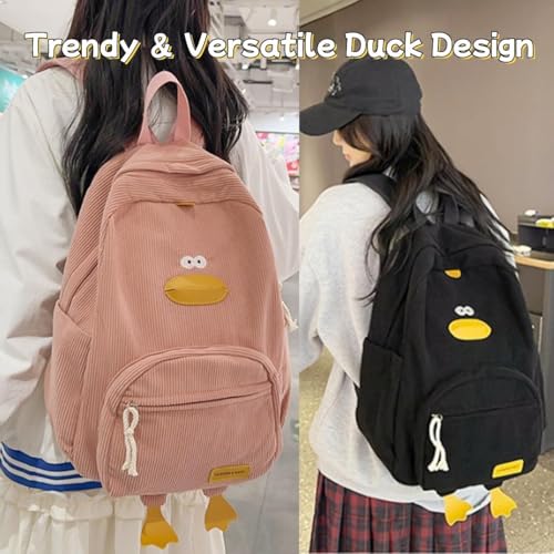QUROXO Duck Cute Backpack, Large Capacity Corduroy Duck Backpack Aesthetic Kawaii Cartoon Daypack (Pink)3