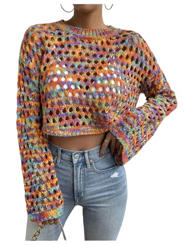 GORGLITTER Women's Colorful Bell Sleeve Crochet Cropped Sweater Lightweight Crewneck Pullover Knit Tops